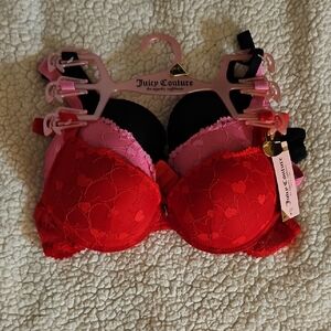 Juicy Couture Heart Lace Push Up Bra Trio - Red, Pink, Black 34B